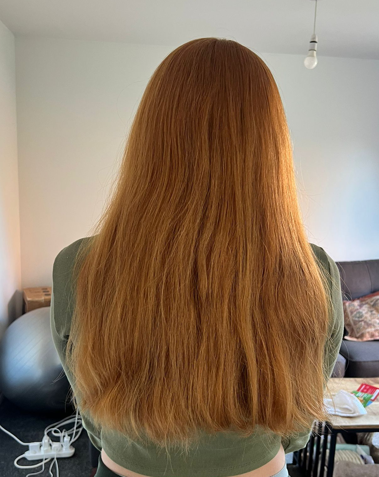 back of a womans head with long flowing straight ginger hair. strong, healthy and thick.