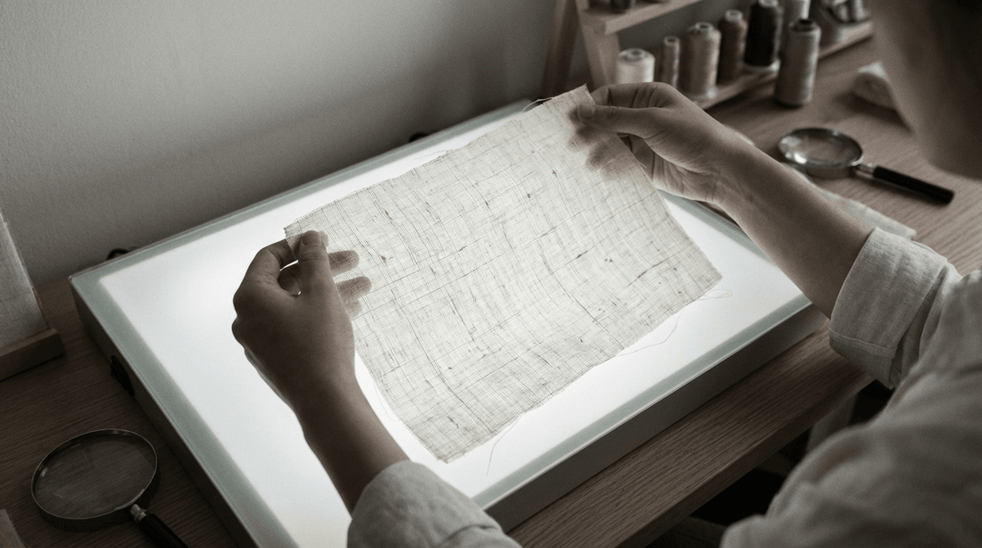 man holding up a sheet of raw mulberry silk against a table-mounted LED panel