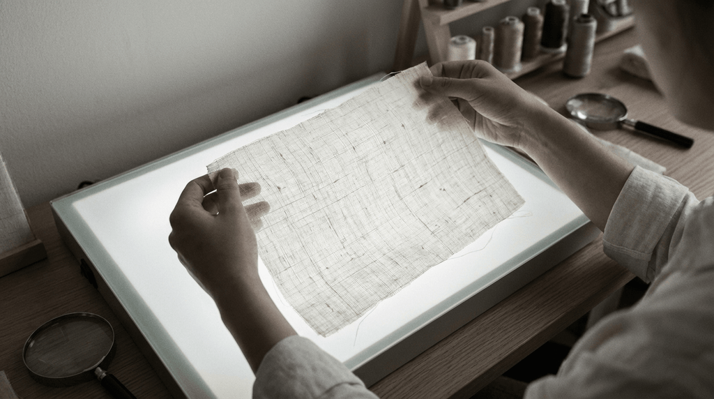 man holding up a sheet of raw mulberry silk against a table-mounted LED panel